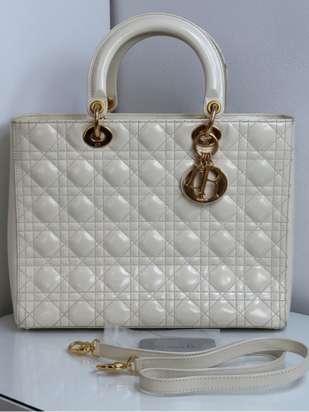 Christian Dior Vintage Lady Dior Large Cream Patent Leather Handbag